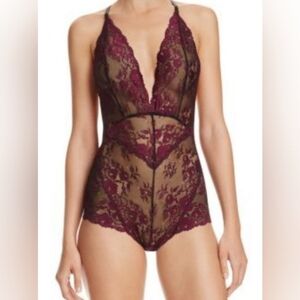 Free People Nwt Dark Romantic Whimsigoth Lace sheer floral Bodysuit red Fuschia